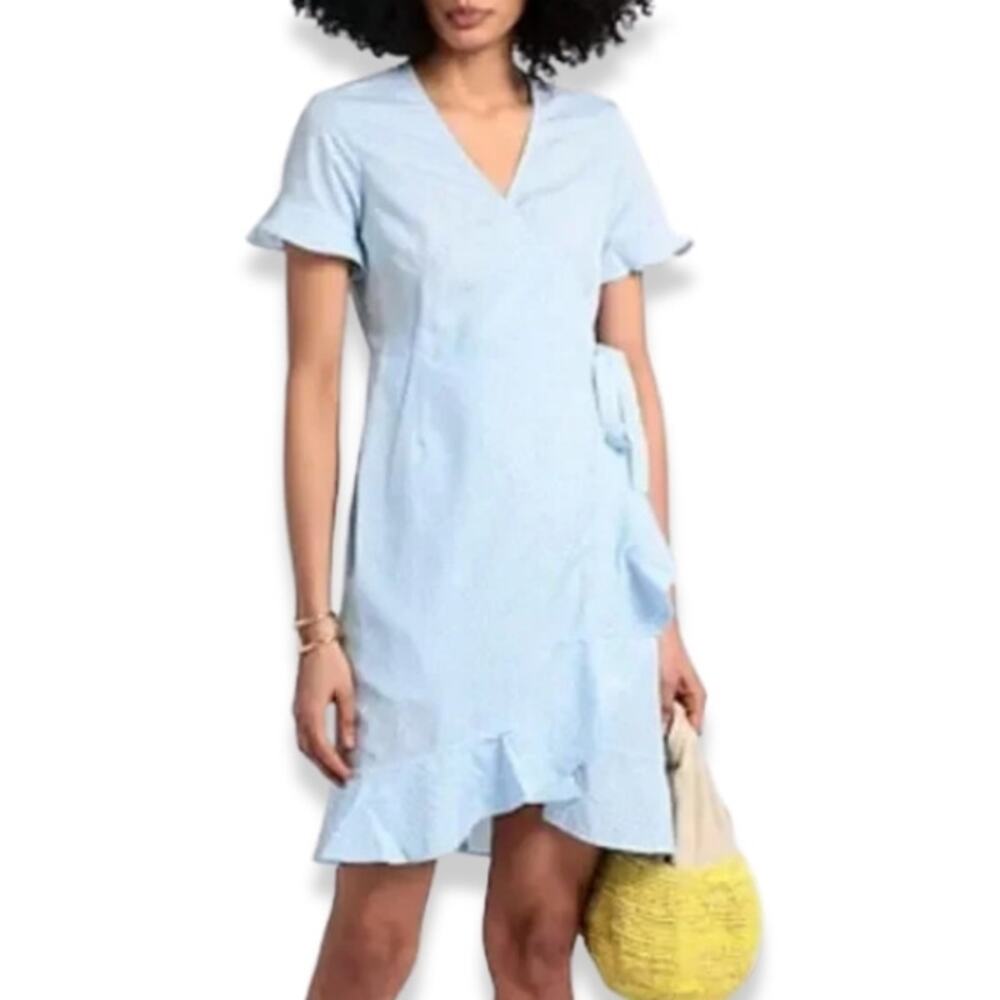 Vero Moda Wrap Dress Polka Dot Print Short Sleeve Belted Waist Blue White M NWOT